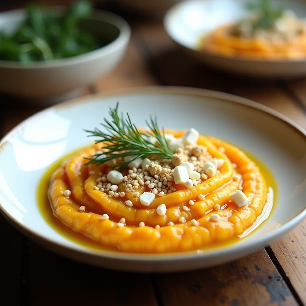 Plato hondo blanco con risotto cremoso de color dorado suave, coronado por trozos de queso feta desmenuzado, semillas de sésamo y hojas de eneldo fresco. Receta griega de risotto de remolacha dorada y queso feta en Thermomix.