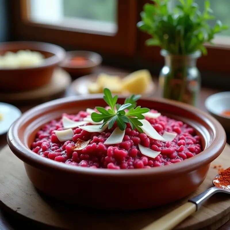 Cazuela de barro con risotto cremoso de remolacha ahumada, color rosa intenso, decorado con virutas de parmesano y hojas de rúcula, sobre fondo rústico de madera.