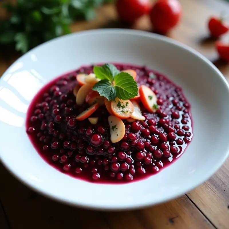 Plato hondo negro con risotto cremoso de color negro intenso, salpicado de cubos de remolacha morada y virutas de queso parmesano, receta gourmet de risotto de remolacha y tinta de calamar.