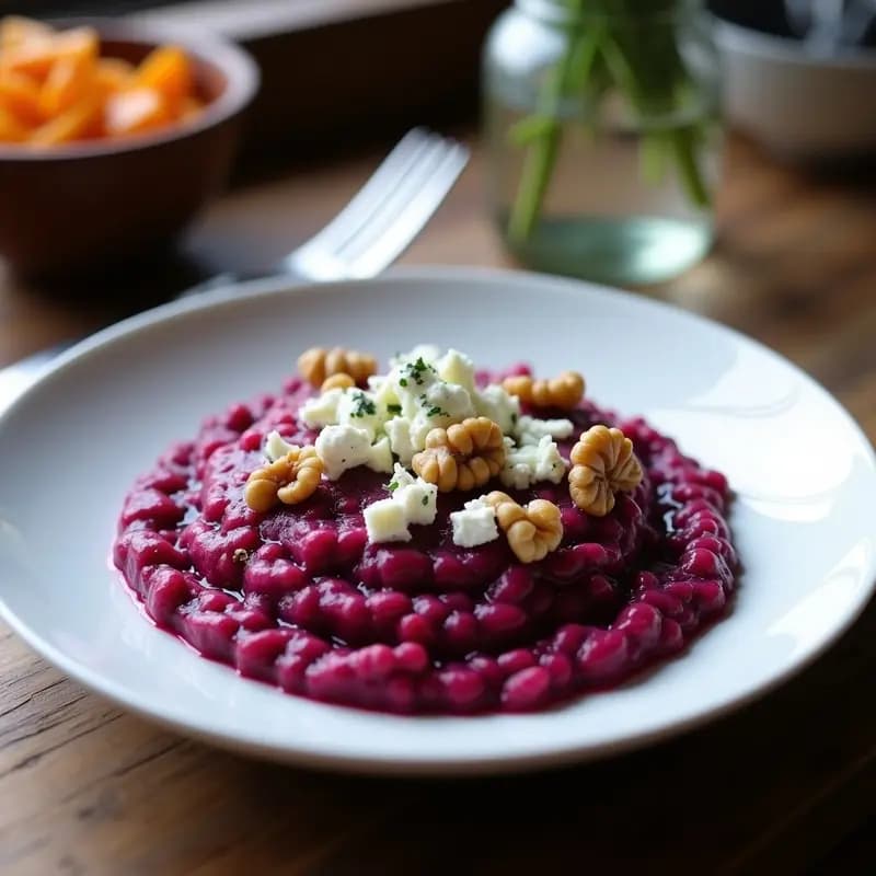 Plato blanco con risotto cremoso de color morado intenso, salpicado de trozos de queso azul y nueces picadas, servido con un tenedor de metal.