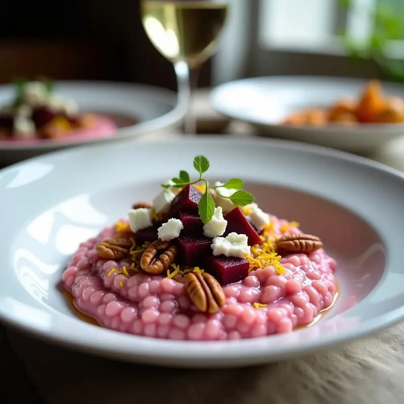 Plato hondo blanco con risotto de color rosa pálido, trozos de remolacha asada, queso azul desmenuzado y nueces pecanas tostadas. Decorado con un hilo de vinagre balsámico reducido y ralladura de naranja, sobre un mantel rústico de lino.