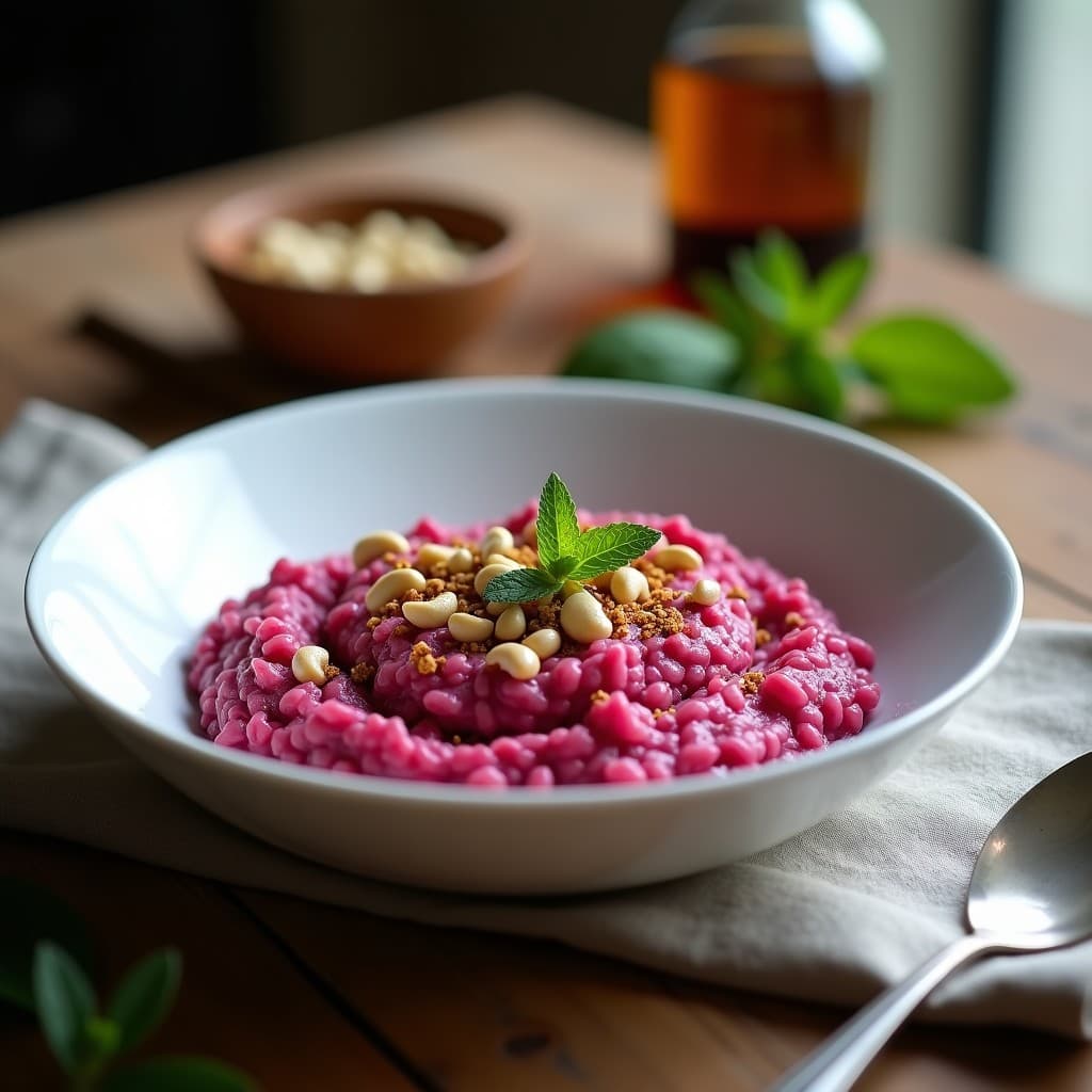 Plato hondo de cerámica blanca con risotto de remolacha y zaatar, color rosado intenso, decorado con anacardos tostados y un espolvoreado de zaatar. Fondo rústico con servilleta de lino.