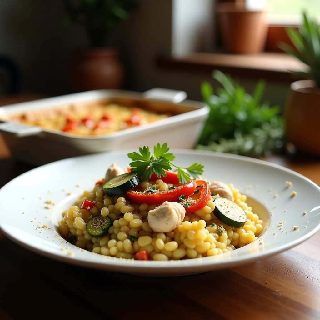 Bandeja de cerámica blanca con risotto de verduras al horno, cremoso y dorado, con trozos de pollo, calabacín, pimiento rojo y champiñones, espolvoreado con perejil fresco y levadura nutricional.