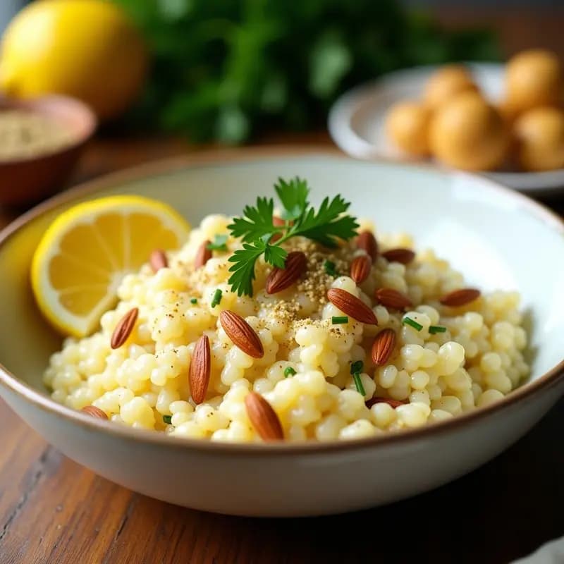 Plato hondo blanco con risotto de coliflor cremoso, espolvoreado con zaatar, almendras fileteadas tostadas y perejil fresco. Rodaja de limón al lado para decoración.