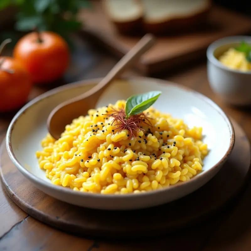 Plato hondo blanco con risotto de zafarráncho de color dorado intenso, espolvoreado con comino negro y almendras fileteadas tostadas, servido con una cuchara de madera y decorado con hebras de azafrán.