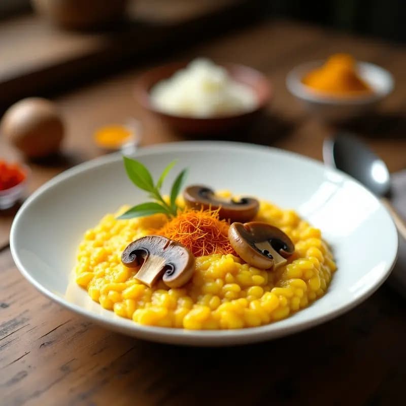 Plato hondo blanco con risotto de zafarrán y cúrcuma de color dorado intenso, decorado con hebras de azafrán y champiñones portobello laminados. Receta en olla rápida con textura cremosa.