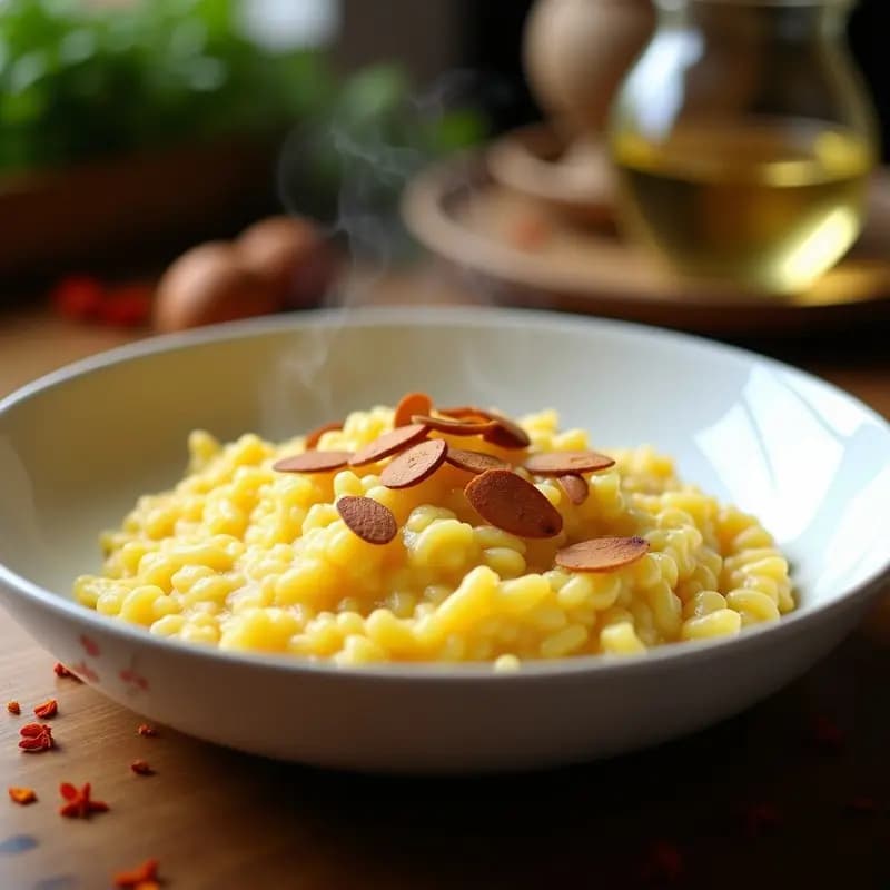 Plato hondo blanco con risotto cremoso de color dorado por el zafarrán, decorado con almendras fileteadas tostadas y una copa de manzanilla de fondo, receta andaluza rápida.
