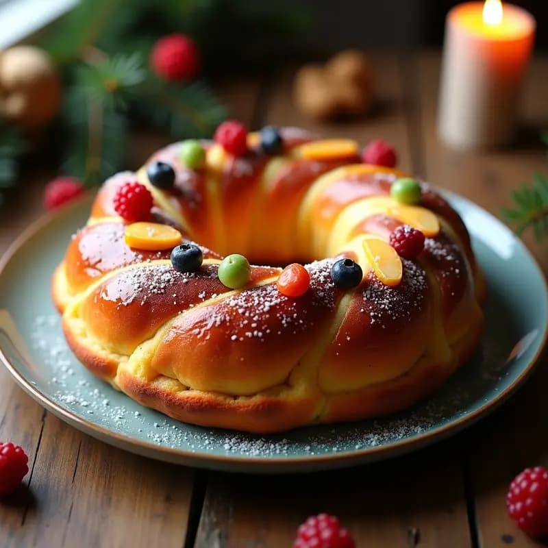 Roscón de Reyes tradicional recién horneado, decorado con frutas escarchadas de colores, almendras laminadas y azúcar grueso, sobre una mesa rústica de madera con velas navideñas al fondo.