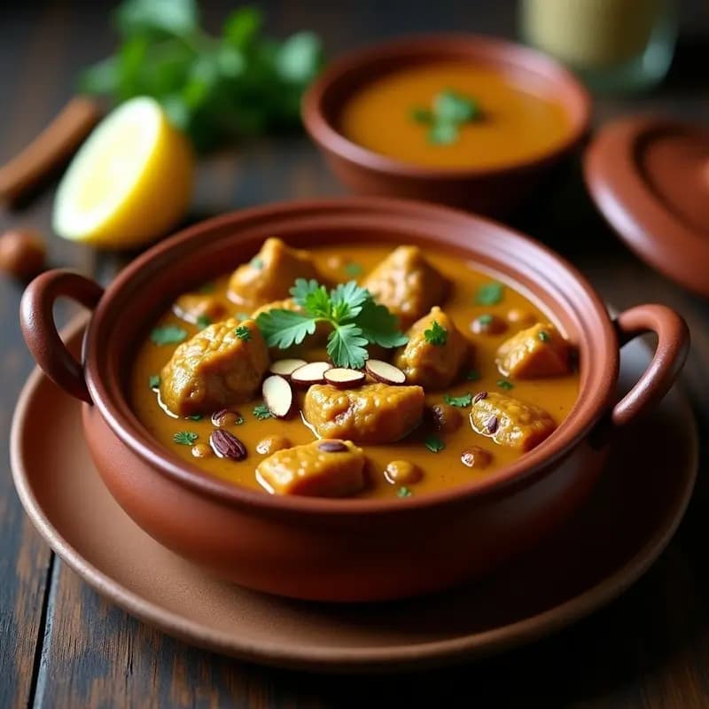 Olla de barro con Rogani Josh de cordero, curry cachemiro espeso con trozos de carne tierna, salsa rojiza aromática y toques de yogur. Decorado con hojas de cilantro fresco y almendras tostadas, servido en plato hondo de cerámica oscura.
