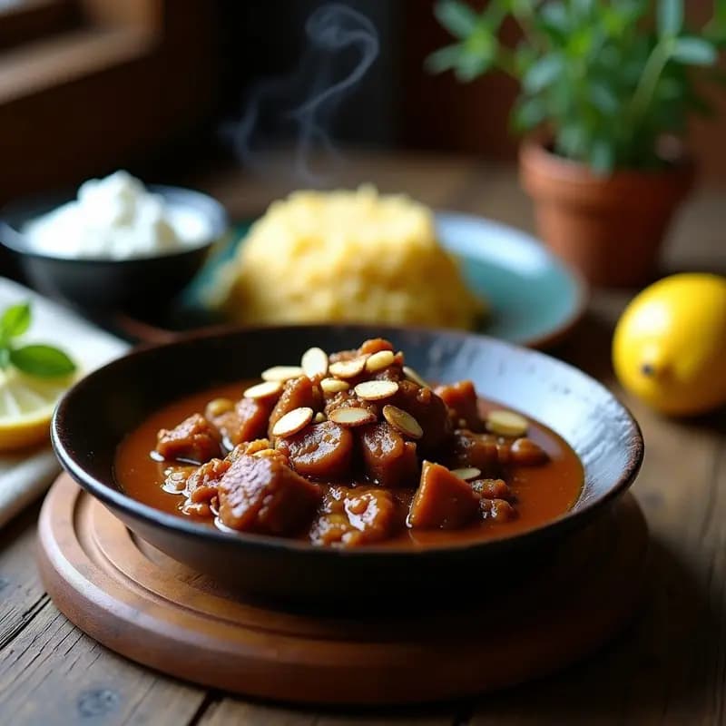 Plato hondo de cerámica blanca con Roganic de Cordero con Salsa de Ciruelas iraní, trozos tiernos de cordero bañados en una salsa oscura y brillante con pedazos de ciruela, decorado con almendras fileteadas doradas y hojas de menta fresca, acompañado de arroz basmati amarillento.