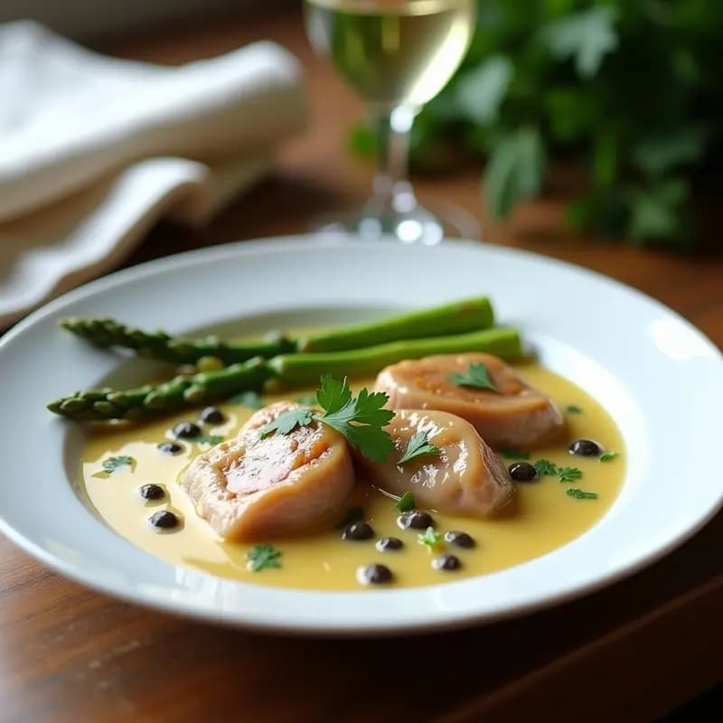 Plato de porcelana blanca con rognons de veau a la mostaza, riñones de ternera dorados bañados en salsa cremosa de color beige con alcaparras, decorados con perejil fresco y acompañados de espárragos verdes. Receta francesa tradicional en 20 minutos.