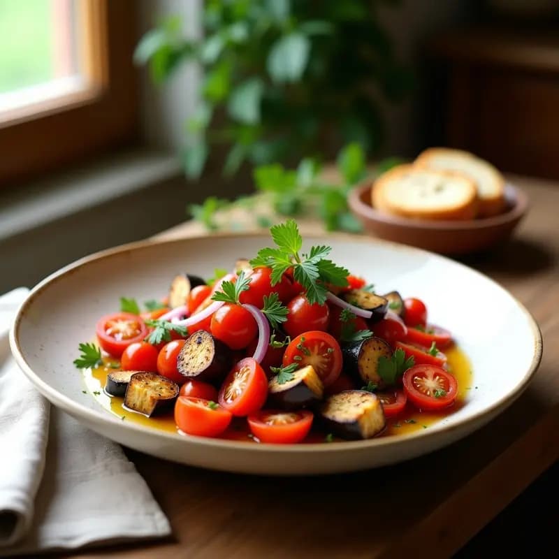 Bowl de madera rústico con rogojă de vinete y tomates, ensalada rumana tradicional vegana. Berenjenas asadas en cubos, tomates rojos jugosos, cebolla morada y perejil fresco, todo bañado en una vinagreta dorada. Ideal para tupper.