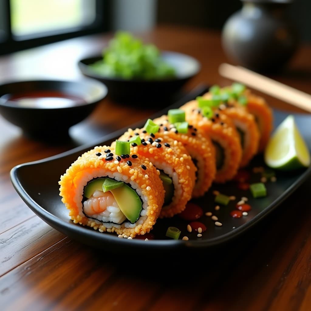 Rolling sushi de aguacate y langostino con salsa teriyaki casera, dorado y crujiente, servido en plato negro con semillas de sésamo y rodajas de limón, receta japonesa en airfryer.