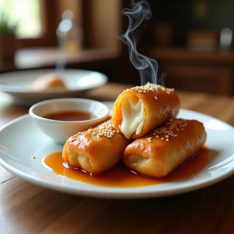 Rollitos de primavera dorados y crujientes rellenos de pollo teriyaki y queso mozzarella fundido, servidos en un plato con salsa teriyaki para mojar y semillas de sésamo espolvoreadas.