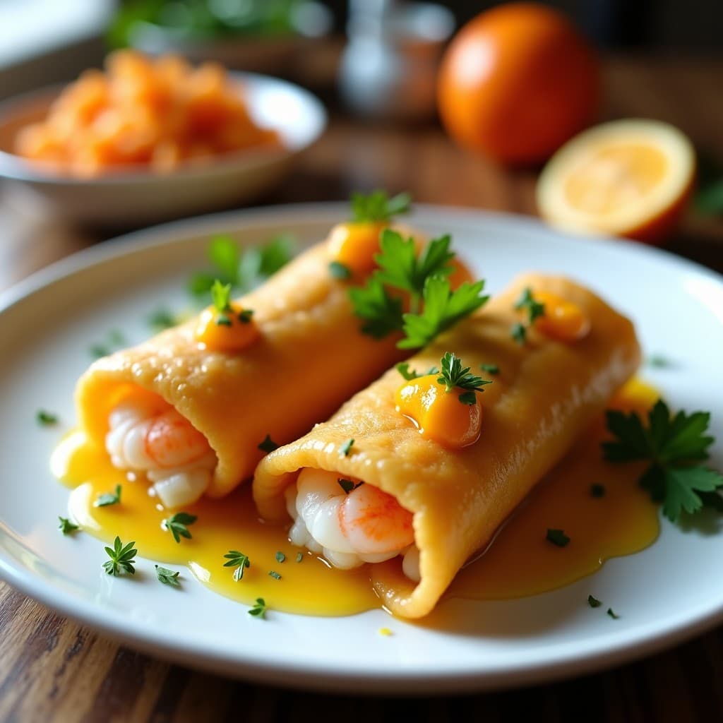Rollitos de Albufera dorados y crujientes en un plato de cerámica blanca, acompañados de espárragos trigueros y una vinagreta de naranja brillante. Receta tradicional valenciana preparada en airfryer.