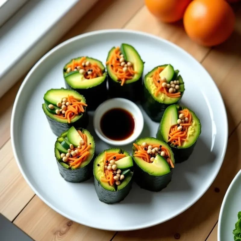 Plato blanco con rollitos de alga nori cortados por la mitad, rellenos de aguacate cremoso, zanahoria naranja rallada y pepino verde, espolvoreados con semillas de loto doradas y sésamo negro. Presentación impecable con salsa de soja al lado y decoración minimalista sobre fondo de madera clara.