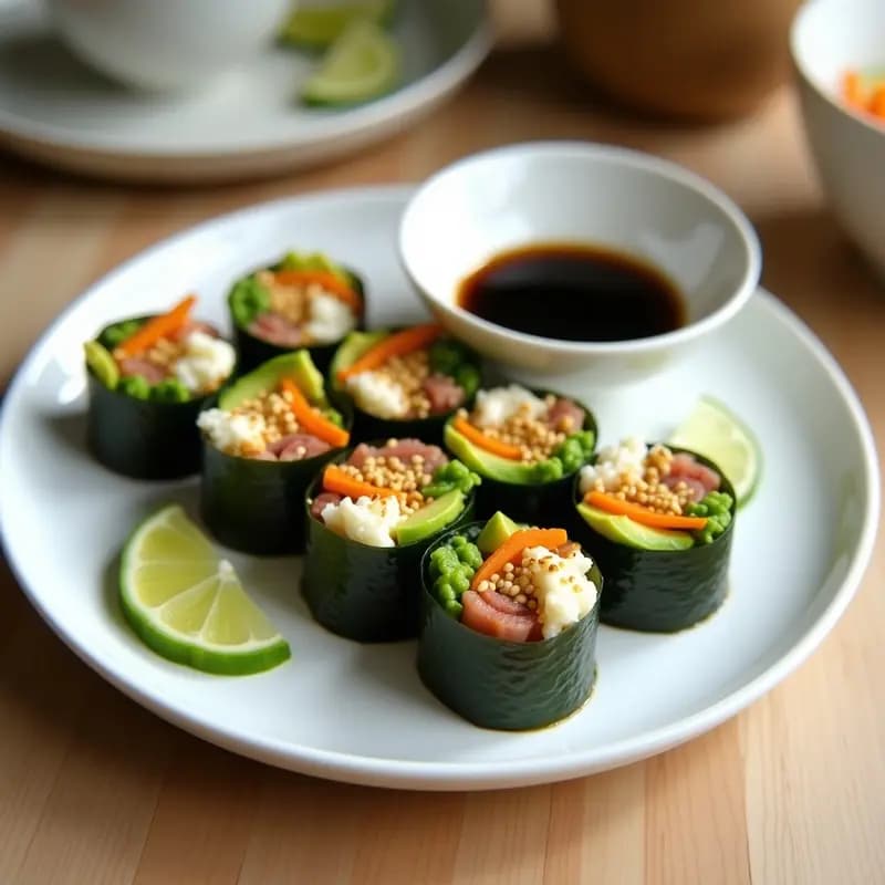 Rollitos de algas nori veganos rellenos de aguacate cremoso, jackfruit desmenuzado marinado y verduras frescas, cortados en porciones y servidos en un plato blanco con semillas de sésamo espolvoreadas y salsa de soja al lado.
