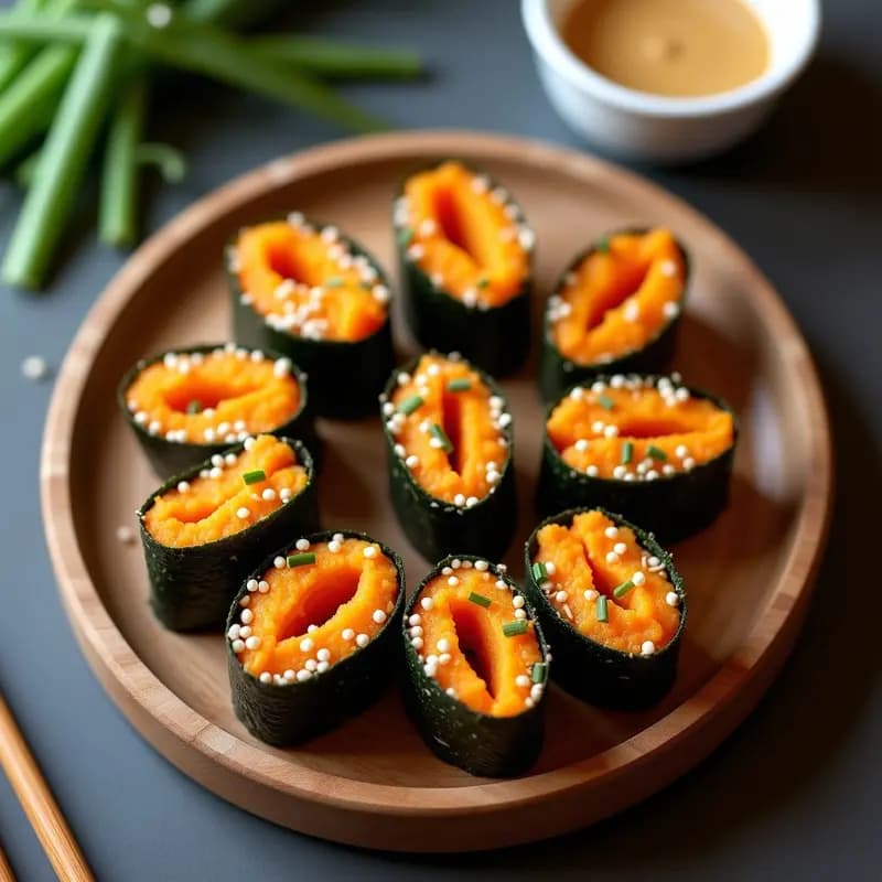 Rollitos dorados y crujientes de alga nori rellenos de puré de boniato naranja y tahini, cortados en porciones, con semillas de sésamo y cebollino picado. Presentación en bandeja de madera con fondo borroso, estilo comida japonesa vegana y fotogénica.