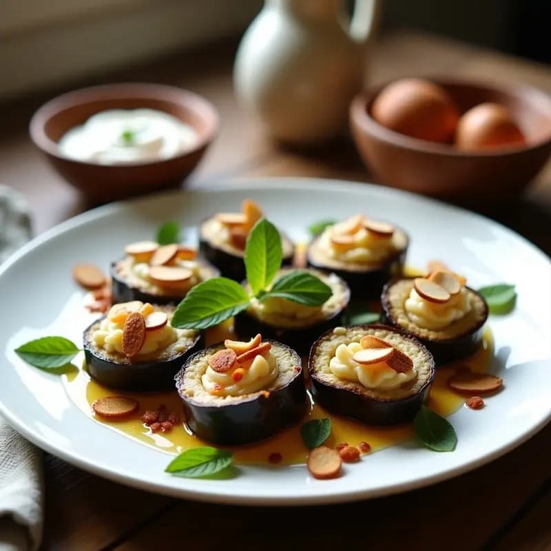 Plato blanco con rollitos de berenjena ahumada y queso de cáscara, decorados con hojas de menta fresca, almendras fileteadas y un hilo de miel. Entrante chipriota sin horno, servido con yogur griego especiado al lado.