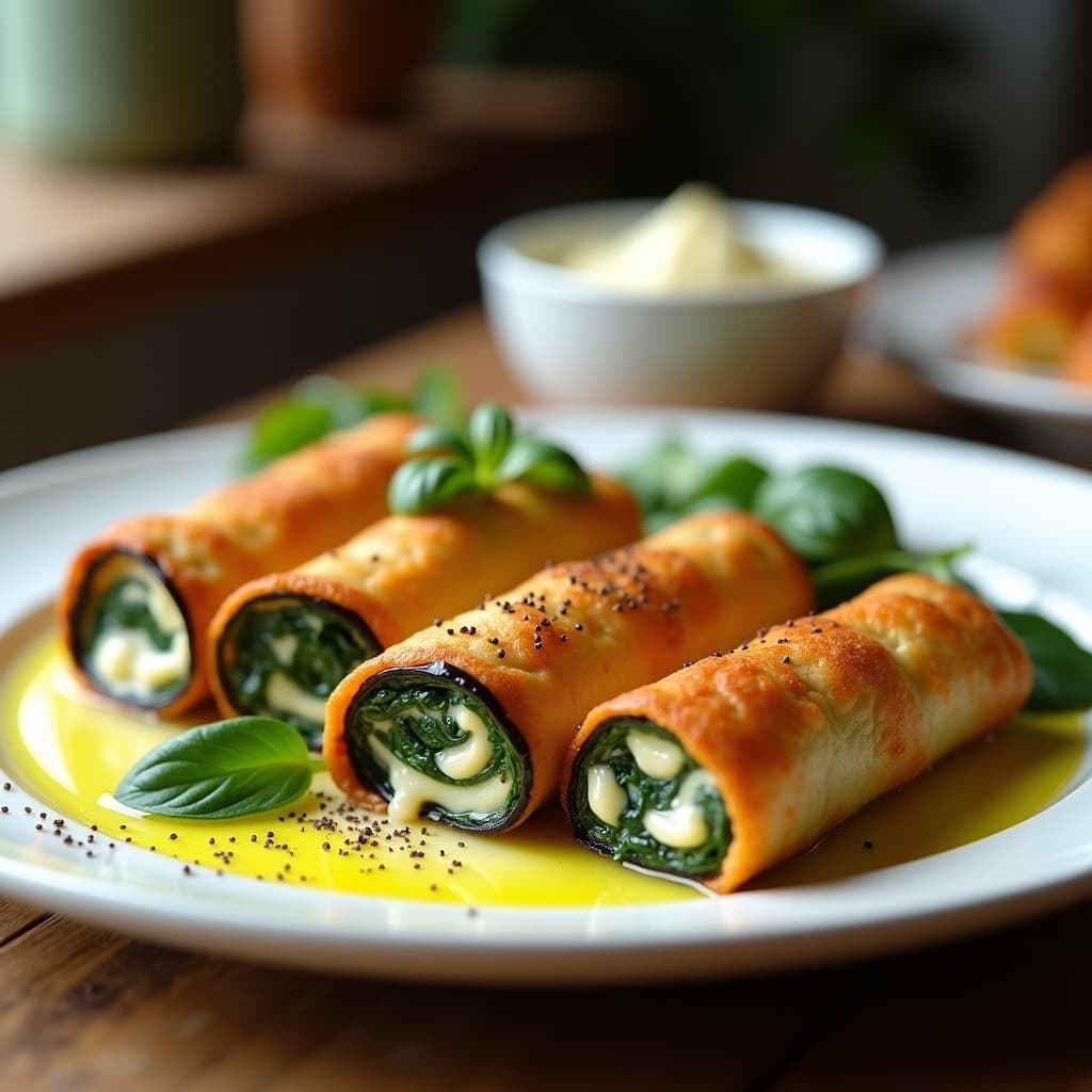 Rollitos de berenjena dorados y crujientes rellenos de una mezcla cremosa de queso de anacardos y espinacas verdes, servidos en un plato blanco con un chorrito de aceite de oliva y pimienta negra. Receta vegana y sin gluten en airfryer.