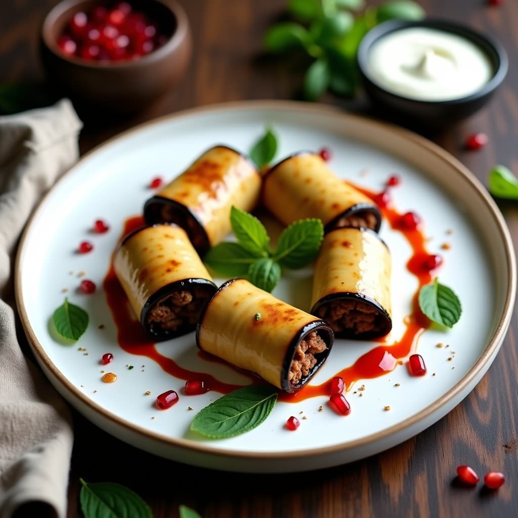 Rollitos de berenjena dorados rellenos de carne picada de cordero especiada, servidos en plato blanco con salsa de yogur cremosa decorada con menta fresca y semillas de granada, receta Middle Eastern tradicional.