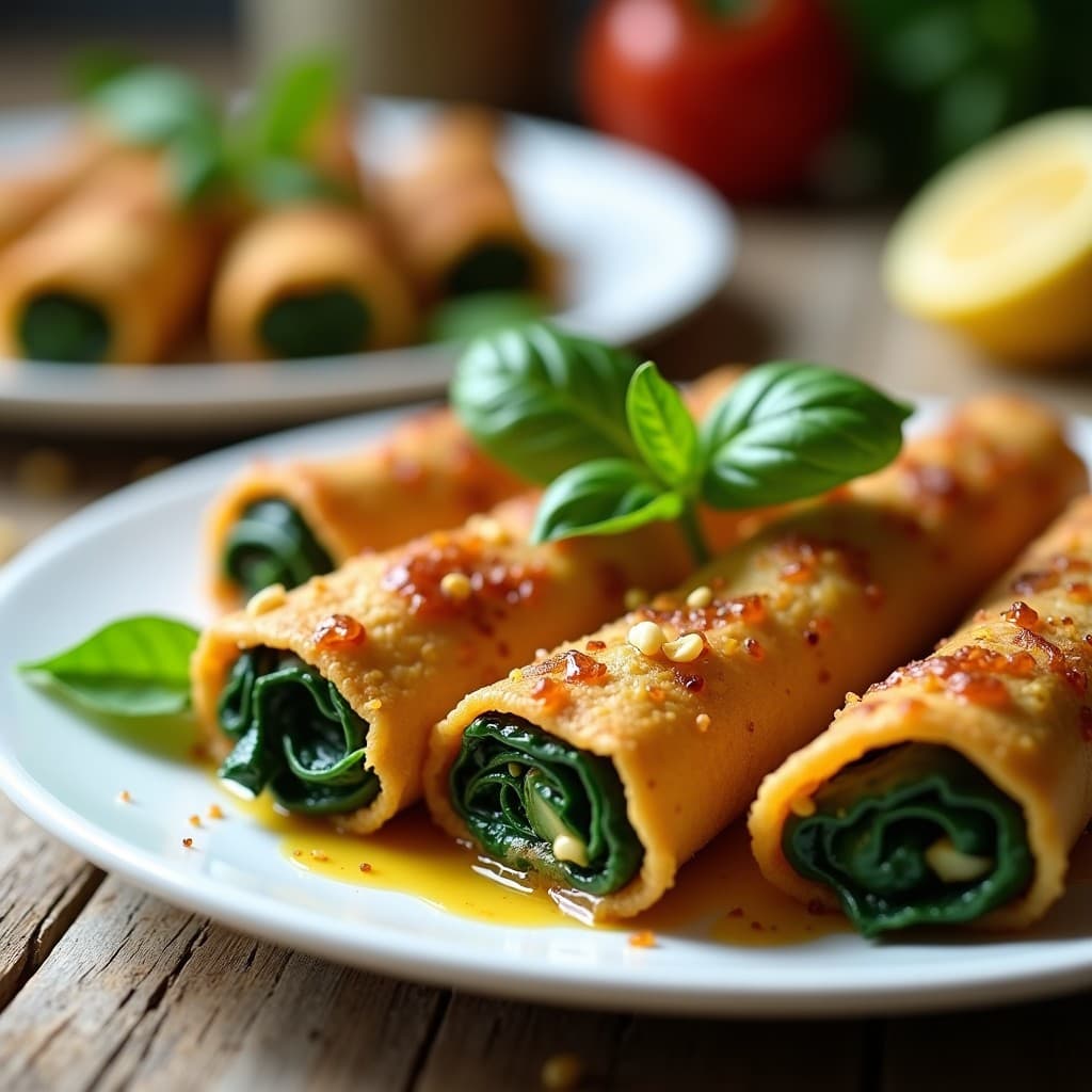 Rollitos de berenjena dorados en airfryer rellenos de espinacas y piñones, servidos en plato blanco con hojas de albahaca fresca y rodajas de limón siciliano, receta vegana siciliana crujiente.