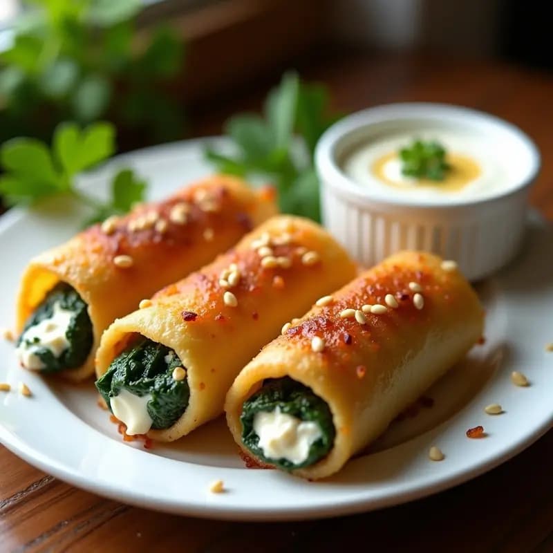 Rollitos de berenjena dorados y crujientes rellenos de queso feta y espinacas, servidos en un plato blanco con salsa de yogur y decorados con perejil fresco. Aperitivo griego en airfryer.