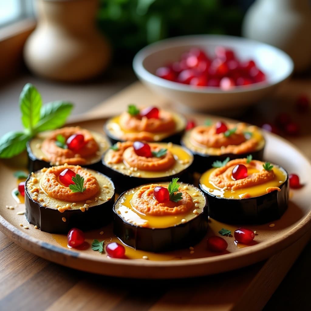 Rollitos de berenjena rellenos de hummus cremoso y granos de granada rojos brillantes, servidos en una bandeja de madera con semillas de sésamo y perejil fresco. Receta vegana y sin gluten para aperitivo.