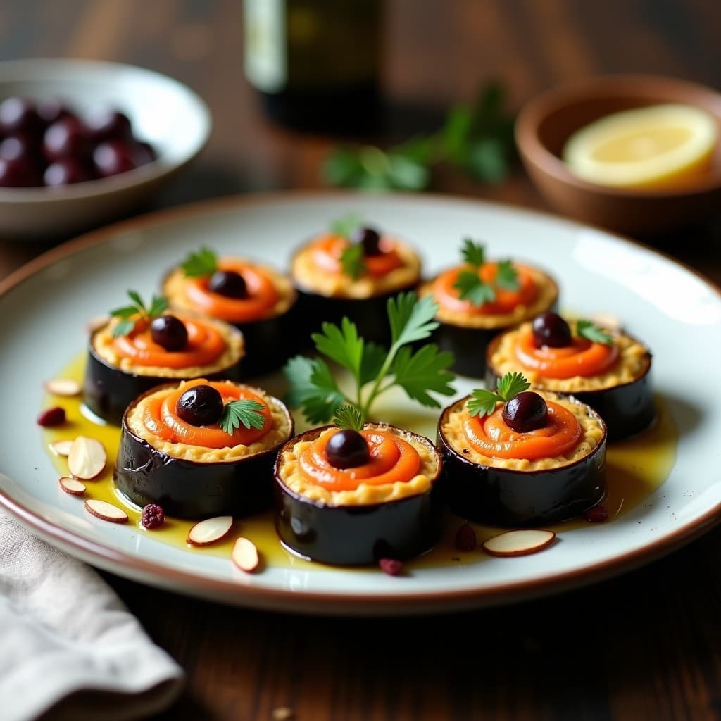 Rollitos de berenjena asada rellenos de hummus de pimiento ahumado y aceitunas kalamata, dispuestos en un plato blanco con decoración de perejil fresco, almendras fileteadas y un hilo de aceite de oliva virgen extra. Receta libanesa keto.