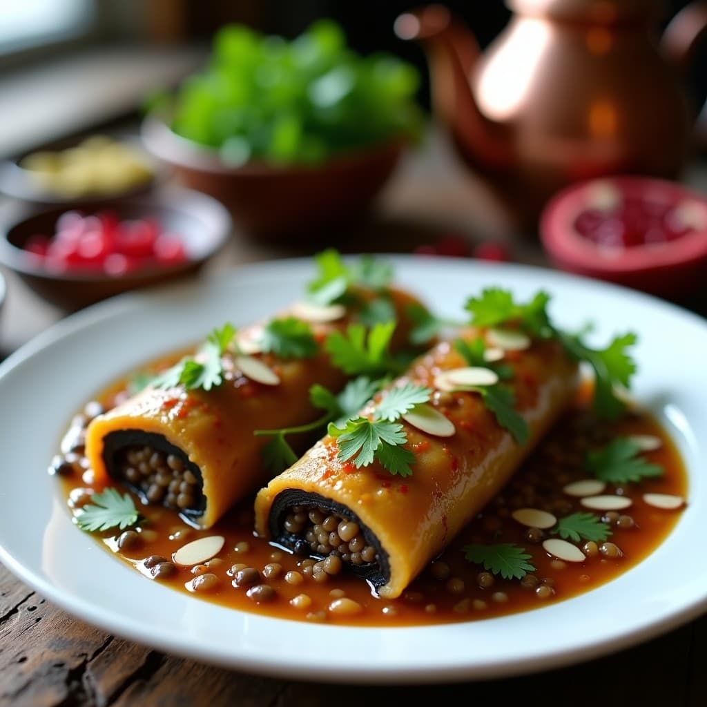 Rollitos de berenjena dorados rellenos de lentejas beluga y arroz salvaje, servidos en plato blanco con cilantro fresco y almendras fileteadas, receta persa en olla lenta.