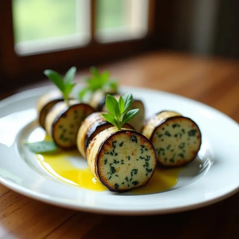 Rollitos de berenjena asada con paté de berros y nueces en una fuente blanca, decorados con hojas de berros frescas y un hilo de aceite de oliva virgen extra, entrante francés elegante y sin horno.