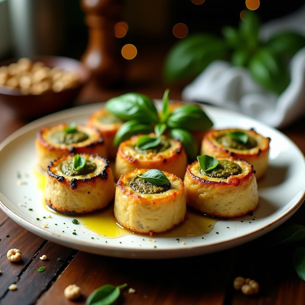 Rollitos de berenjena dorados y crujientes rellenos de pesto de albahaca y nueces, servidos en un plato blanco rústico con hojas de albahaca fresca y un hilo de aceite de oliva. Receta italiana en airfryer sin freír.