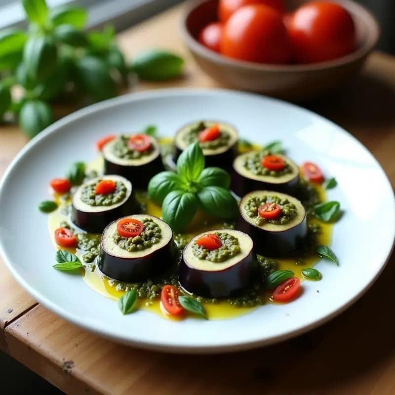 Plato blanco con rollitos de berenjena cruda rellenos de pesto verde oscuro de albahaca negra, decorados con hojas frescas y un hilo de aceite de oliva virgen extra. Entrante crudivegano italiano fresco y colorido.