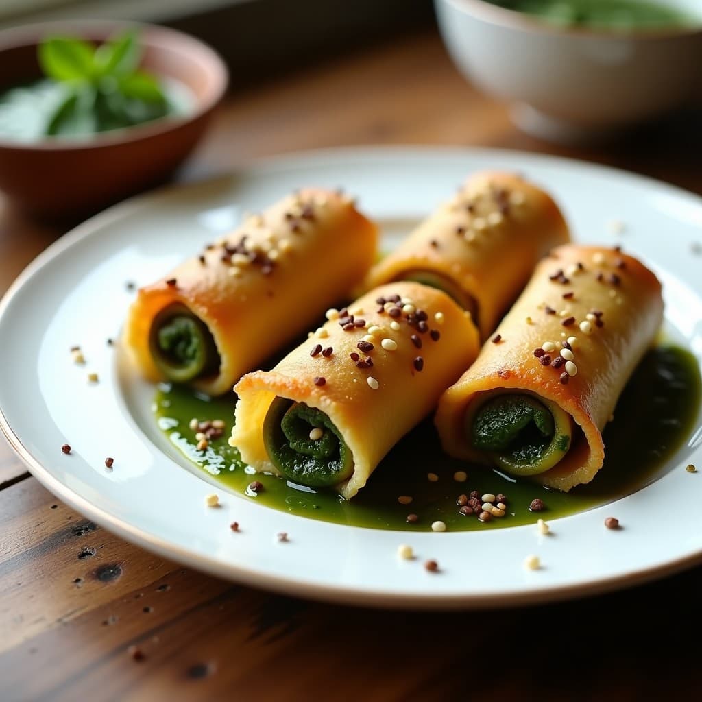 Rollitos de berenjena dorados y crujientes rellenos de pesto de algas nori, servidos en un plato blanco con semillas de sésamo espolvoreadas. Receta en airfryer sin aceite, aperitivo vegano y saludable.
