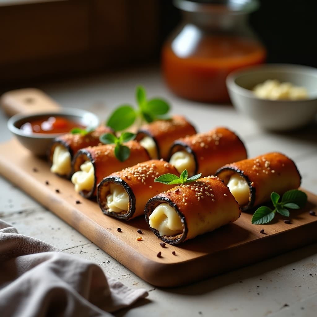 Rollitos de berenjena asada rellenos de queso cremoso de anacardos y mermelada de higo, dorados al horno y espolvoreados con semillas de sésamo, servidos en una bandeja de madera rústica con hierbas frescas de fondo.
