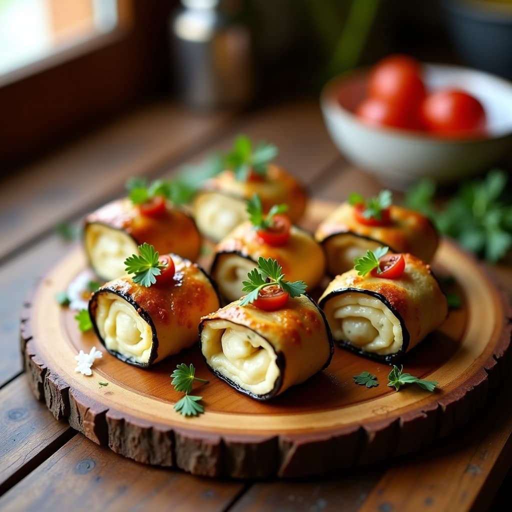 Rollitos de berenjena asada rellenos de queso de anacardos cremoso, con tomates secos y perejil fresco, servidos en una bandeja de madera con fondo borroso de cocina.