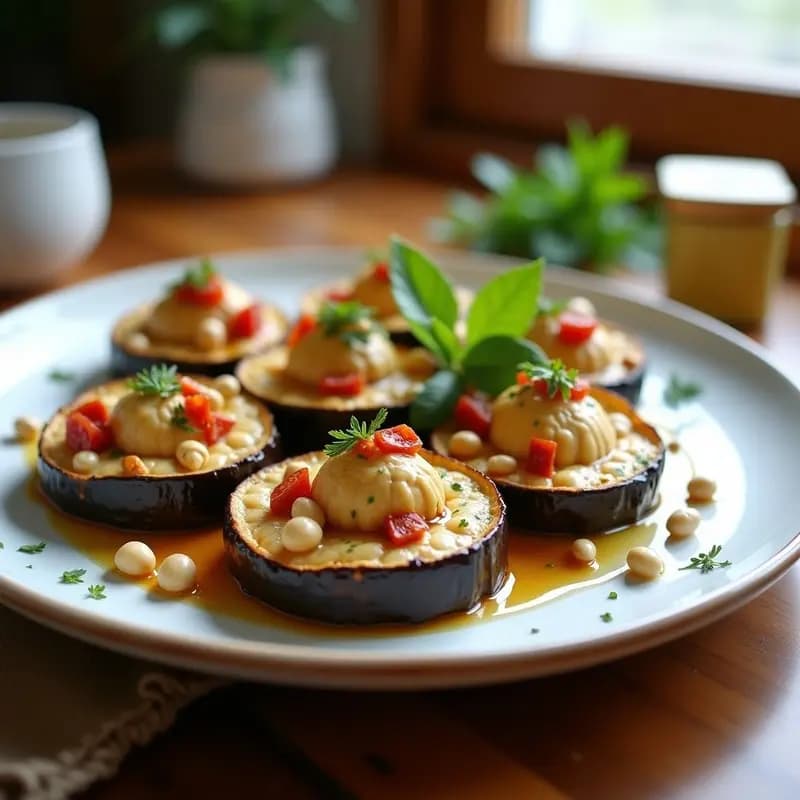 Rollitos de berenjena asada rellenos de queso de cabra cremoso, tomates secos y piñones, horneados hasta dorar, servidos en plato blanco rústico con hierbas frescas.
