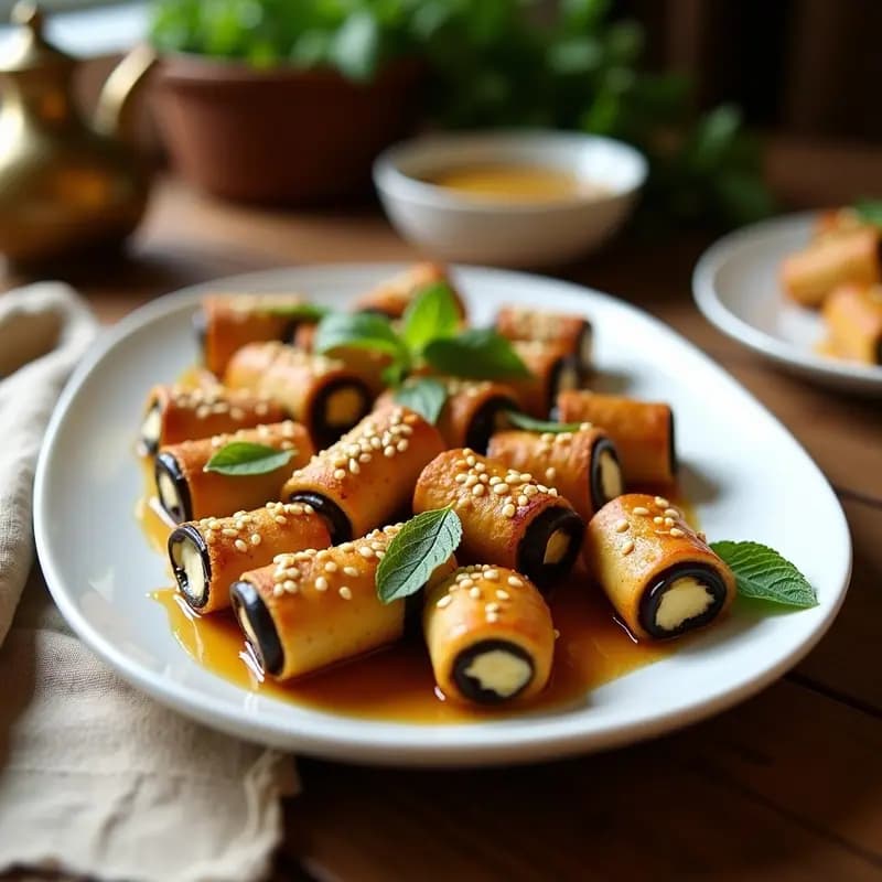 Rollitos de berenjena dorados y crujientes rellenos de queso de cacahuete, servidos en una fuente blanca con chorrito de miel y semillas de sésamo, aperitivo libanés en airfryer.