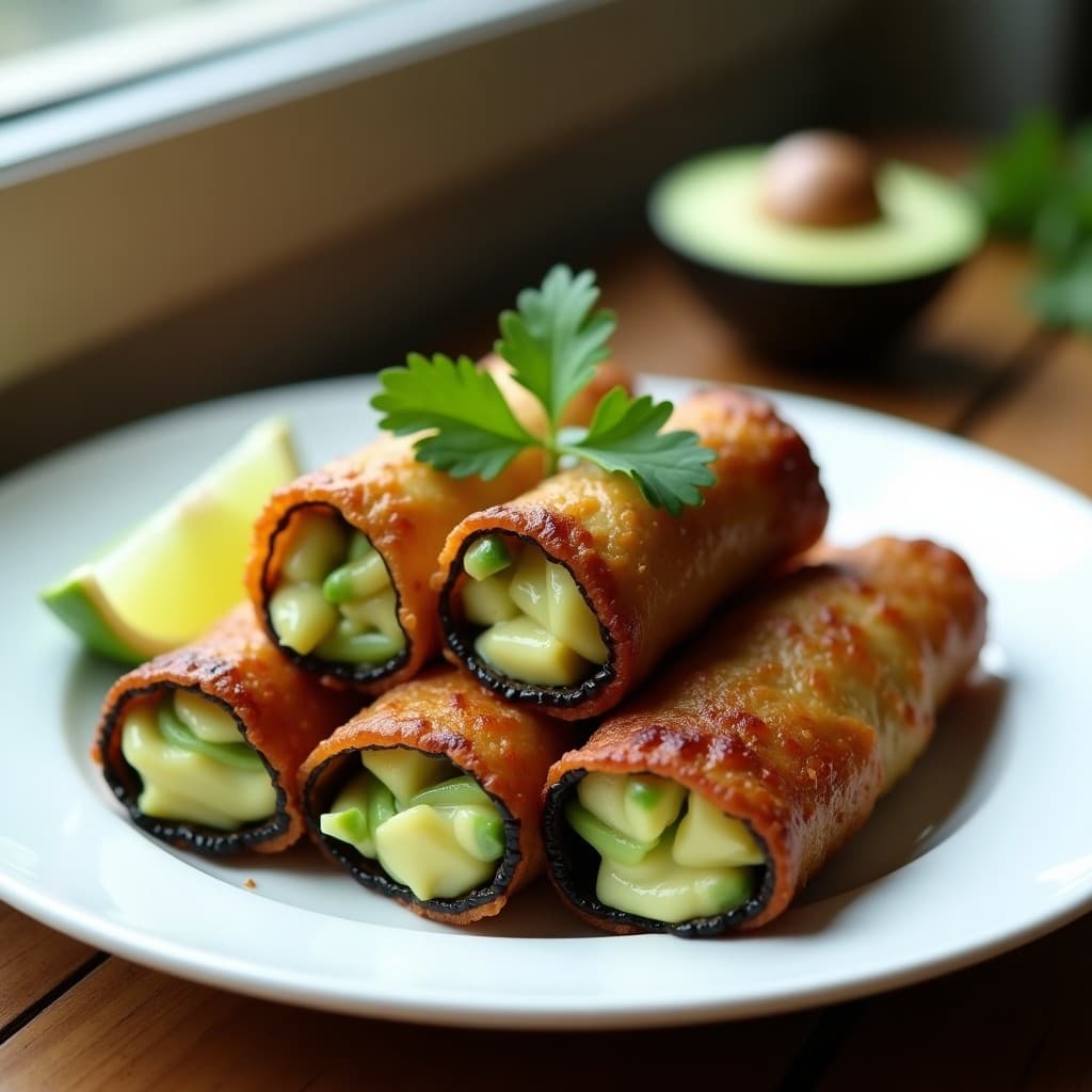 Rollitos de berenjena ahumada rellenos de queso de causen y aguacate, servidos en un plato blanco con semillas de sésamo y cilantro, receta peruana en airfryer.