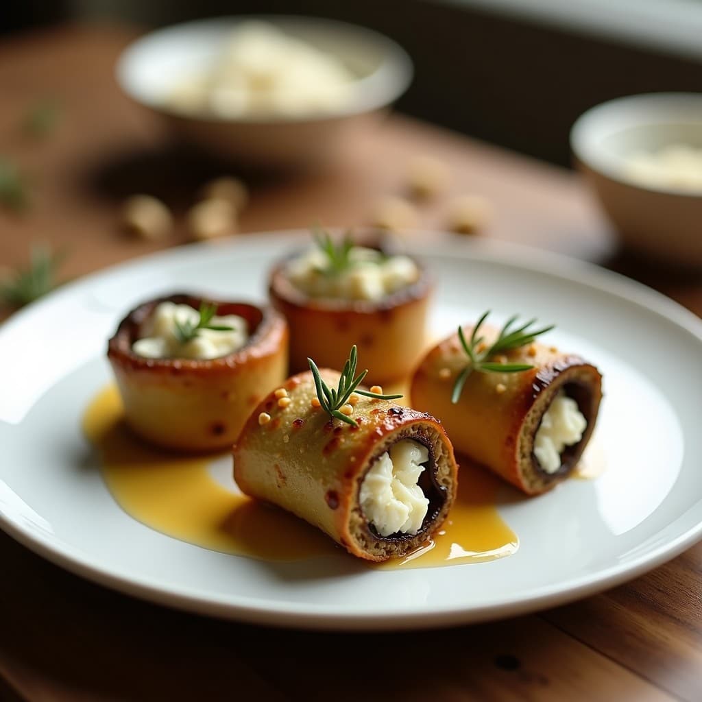 Rollitos dorados de berenjena rellenos de queso feta desmenuzado y piñones tostados, servidos en plato blanco con hierbas frescas y un toque de miel, receta en airfryer sin aceite.