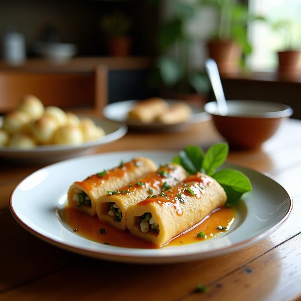 Rollitos de berenjena dorados y crujientes rellenos de quinoa y pasas, servidos en un plato blanco con hojas de menta fresca y un fondo rústico de madera. Aperitivo griego vegano en airfryer.