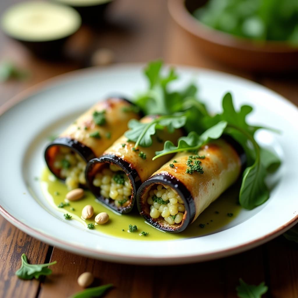 Rollitos de berenjena keto rellenos de quinoa y pesto de rúcula, servidos en plato blanco con salsa verde y decorados con hojas de albahaca fresca.