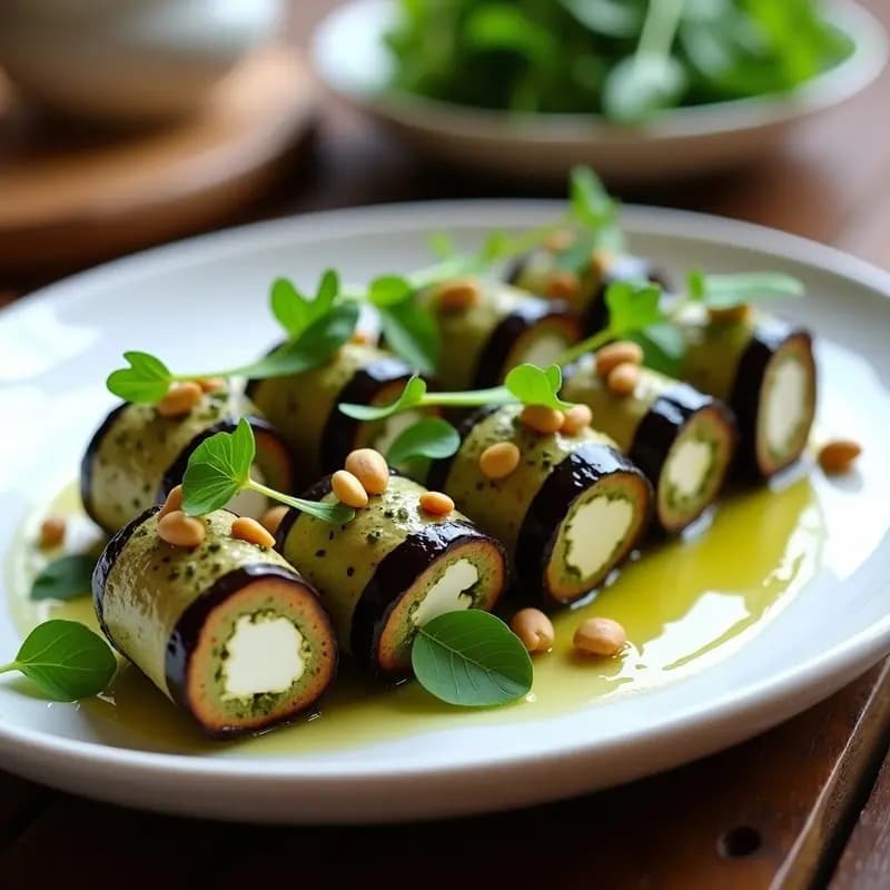 Rollitos de berenjena asada rellenos de ricotta de anacardos cremosa y pesto de rúcula verde, presentados en una fuente blanca con decoración de hojas de rúcula y piñones. Aperitivo italiano sin lácteos, elegante y saludable.