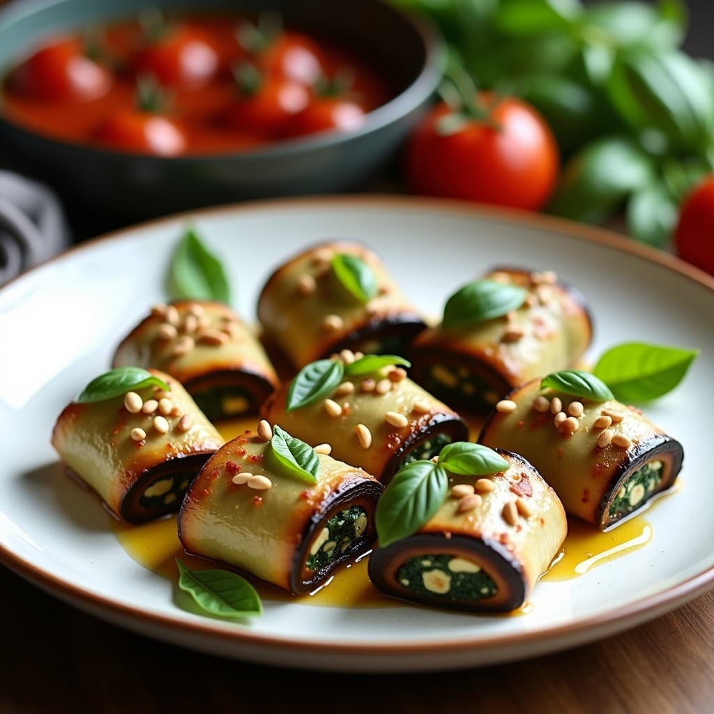 Rollitos de berenjena al horno rellenos de espinacas y tofu, servidos en bandeja de cerámica blanca con albahaca fresca y aceite de oliva, receta italiana vegana sin lácteos.