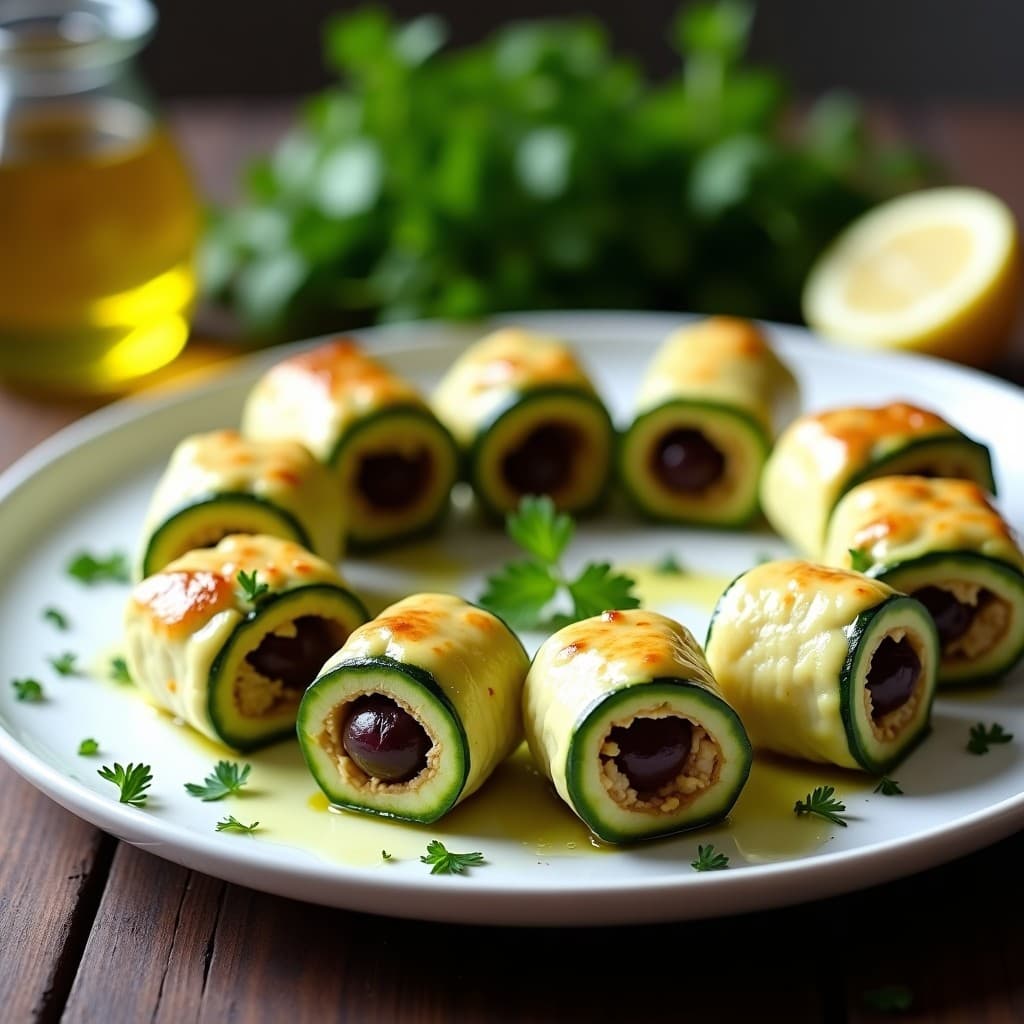 Rollitos de calabacín rellenos de atún y aceitunas Kalamata dispuestos en un plato blanco de cerámica, decorados con perejil fresco y rodajas de limón, con un fondo rústico de madera y aceite de oliva virgen extra en una botella de cristal.