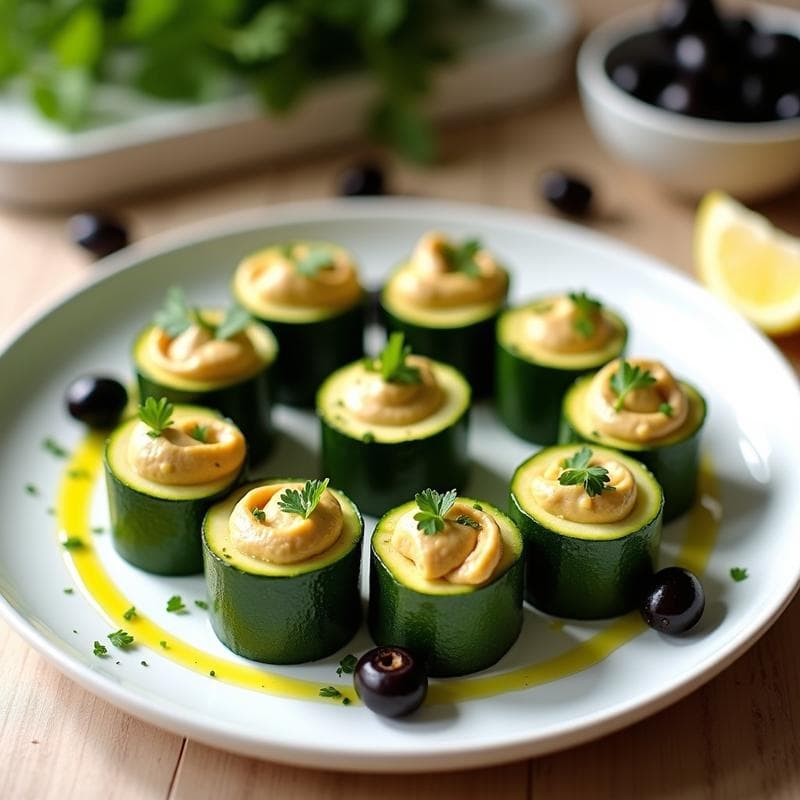 Plato blanco con rollitos de calabacín rellenos de hummus cremoso y aceitunas negras picadas, decorados con perejil fresco y un chorrito de aceite de oliva virgen extra. Receta de entrante griego sin horno, fresco y colorido.