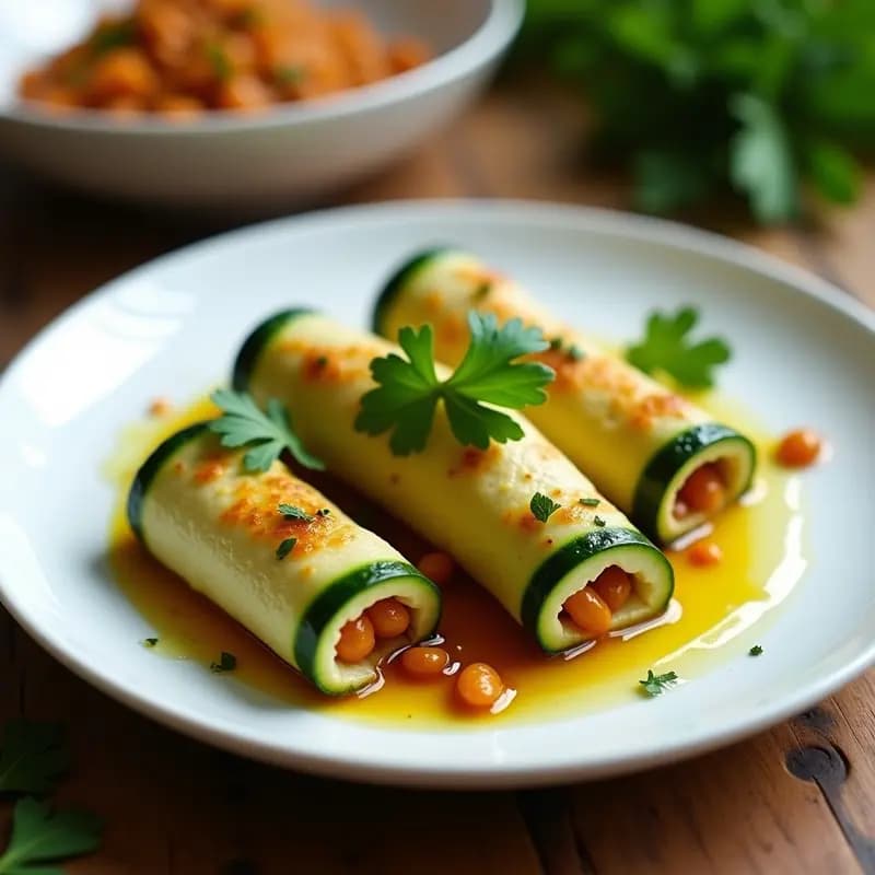 Rollitos de calabacín rellenos de lentejas corail veganos, servidos en plato blanco con perejil fresco y un chorrito de aceite de oliva, receta en olla exprés.