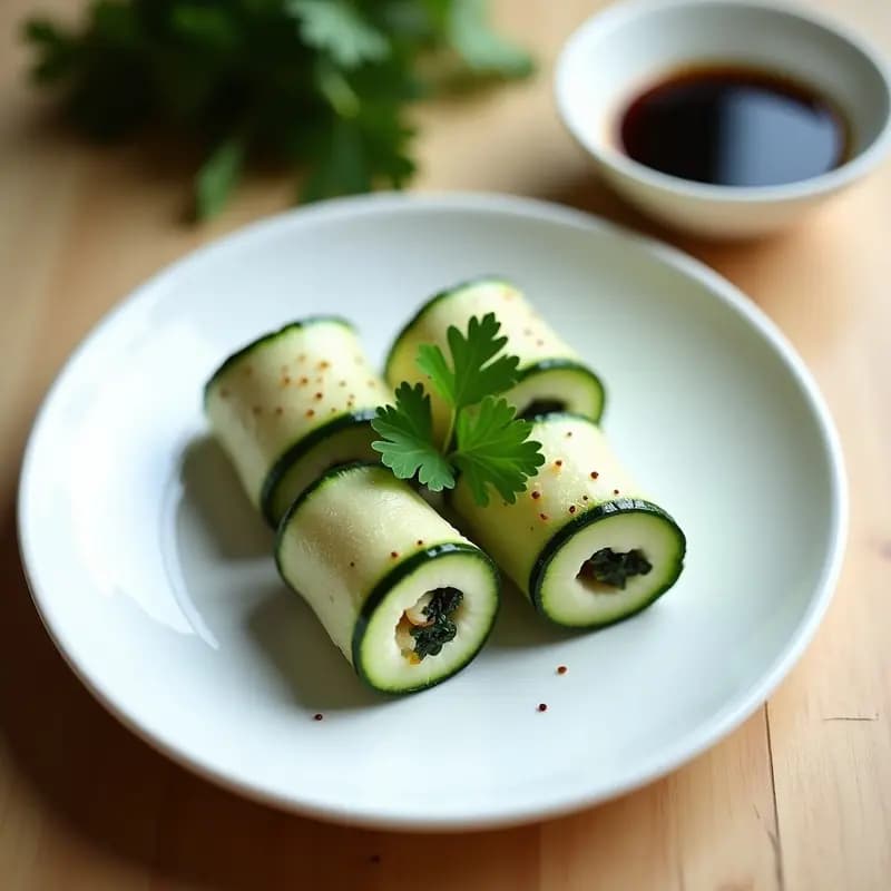 Plato blanco con rollitos de calabacín rellenos de merluza y algas wakame, cocinados en olla express, decorados con perejil fresco y servidos con salsa de soja al lado.