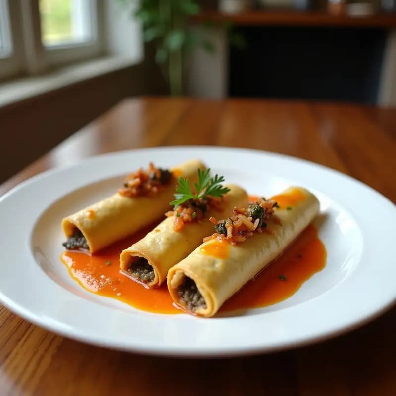 Rollitos de calabacín verdes y frescos rellenos de un paté oscuro de aceitunas kalamata y anchoas veganas, decorados con almendras fileteadas y perejil picado sobre una bandeja de madera rústica con fondo desenfocado.