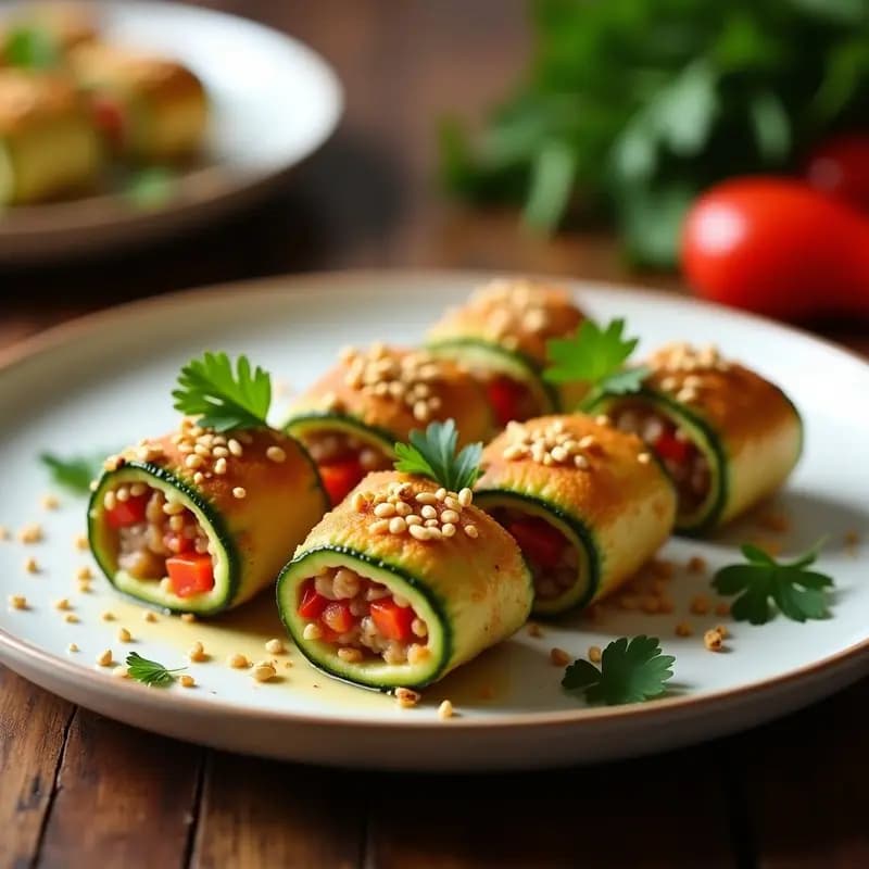 Rollitos de calabacín rellenos de carne de soja y pimientos en airfryer, dorados y crujientes, servidos en un plato blanco con semillas de sésamo y perejil fresco, receta china fácil.